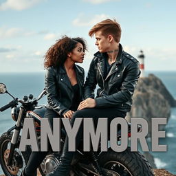 A teenage biker with short hair, wearing a leather jacket, black pants, with a neck tattoo, sitting on a custom motorcycle on a cliff