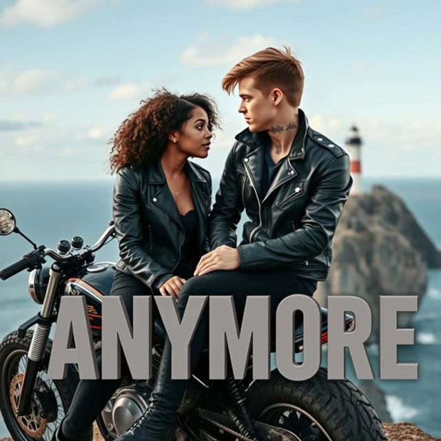 A teenage biker with short hair, wearing a leather jacket, black pants, with a neck tattoo, sitting on a custom motorcycle on a cliff