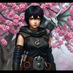 A fierce Dungeons & Dragons female hexblood stands confidently at the edge of a vibrant sakura forest