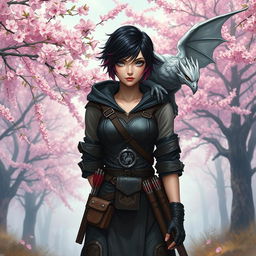 A fierce Dungeons & Dragons female hexblood stands confidently at the edge of a vibrant sakura forest