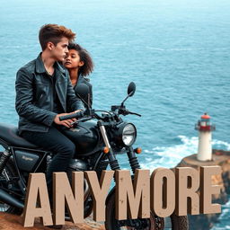 A teenage biker with short hair, wearing a leather jacket, black pants, with a neck tattoo, sitting on a custom motorcycle on a cliff