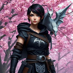 A fierce Dungeons & Dragons female hexblood stands confidently at the edge of a vibrant sakura forest