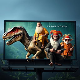 A billboard featuring Jason Momoa, confidently riding on a velociraptor