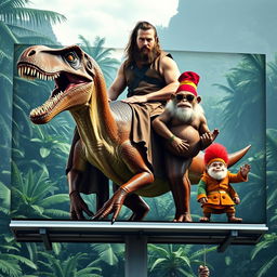 A billboard featuring Jason Momoa, confidently riding on a velociraptor