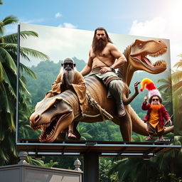 A billboard featuring Jason Momoa, confidently riding on a velociraptor