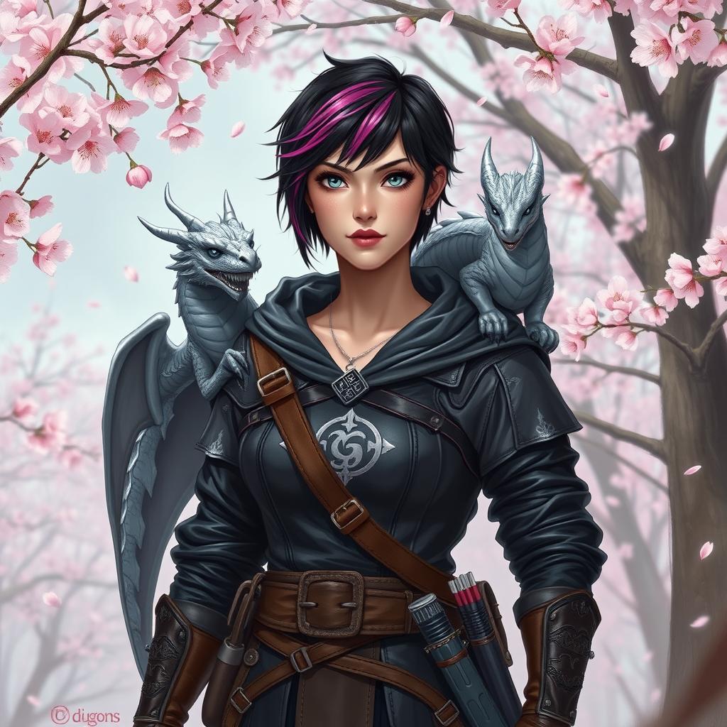 A Dungeons & Dragons female hexblood with short black hair and orchid highlights, silver eyes, pale rose skin, wearing common clothes with a hood and black leather armor