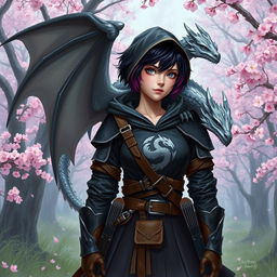 A Dungeons & Dragons female hexblood with short black hair and orchid highlights, silver eyes, pale rose skin, wearing common clothes with a hood and black leather armor