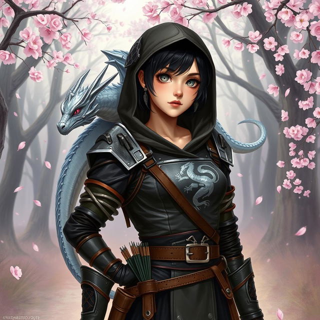 A Dungeons & Dragons female hexblood with short black hair and orchid highlights, silver eyes, pale rose skin, wearing common clothes with a hood and black leather armor