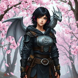 A Dungeons & Dragons female hexblood with short black hair and orchid highlights, silver eyes, pale rose skin, wearing common clothes with a hood and black leather armor