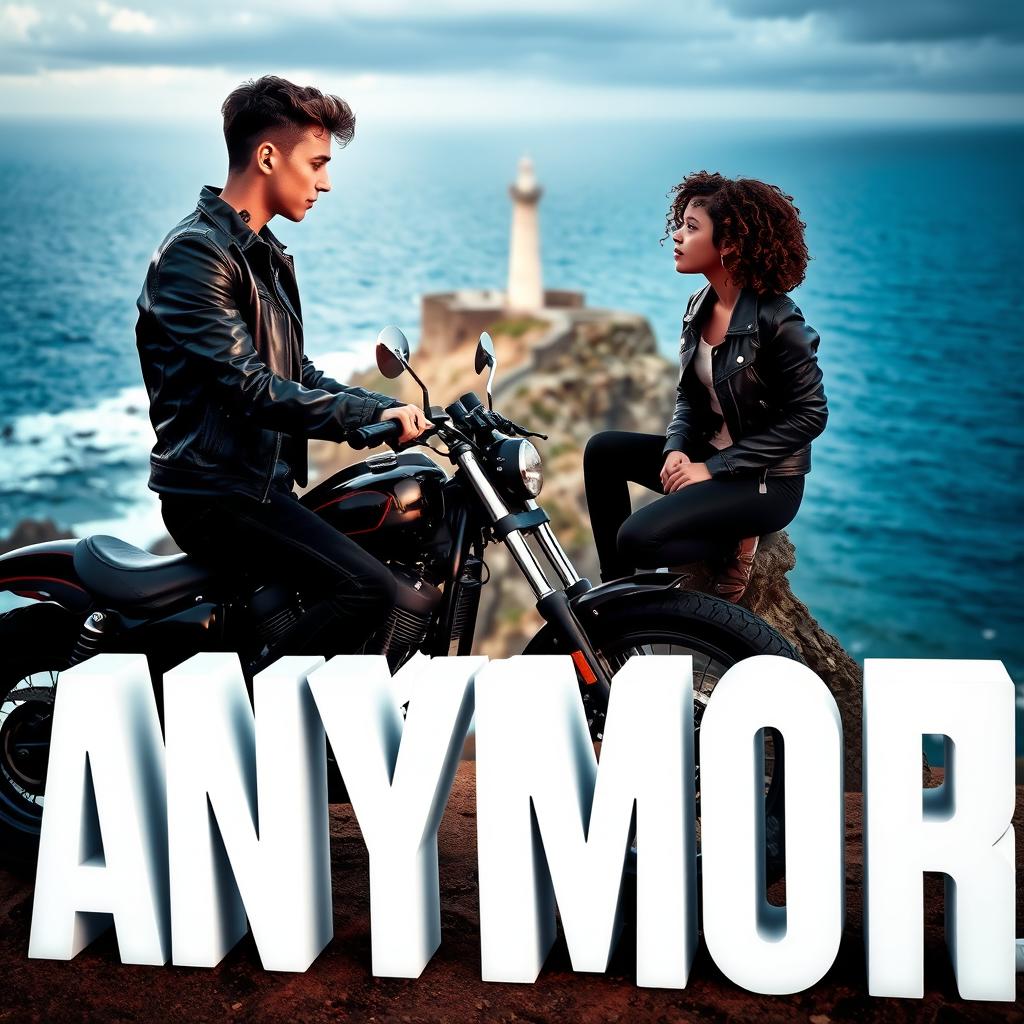 A teenage biker with short hair, wearing a leather jacket, black pants, with a neck tattoo, sitting on a custom motorcycle on a cliff