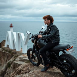 A teenage biker with short hair, wearing a leather jacket, black pants, with a neck tattoo, sitting on a custom motorcycle on a cliff