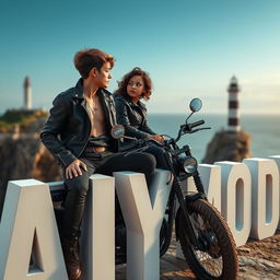 A teenage biker with short hair, wearing a leather jacket, black pants, with a neck tattoo, sitting on a custom motorcycle on a cliff