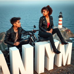 A teenage biker with short hair, wearing a leather jacket, black pants, with a neck tattoo, sitting on a custom motorcycle on a cliff