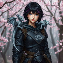 A Dungeons & Dragons female hexblood character with short black hair featuring orchid highlights, shimmering silver eyes, and pale rose skin