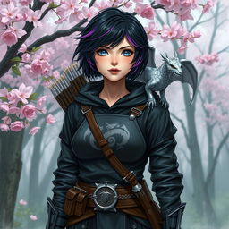 A Dungeons & Dragons female hexblood character with short black hair featuring orchid highlights, shimmering silver eyes, and pale rose skin