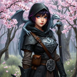 A Dungeons & Dragons female hexblood character with short black hair featuring orchid highlights, shimmering silver eyes, and pale rose skin