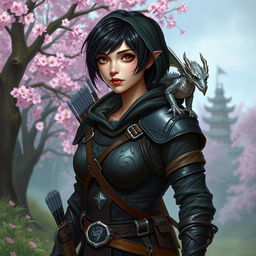 A Dungeons & Dragons female hexblood character with short black hair featuring orchid highlights, shimmering silver eyes, and pale rose skin