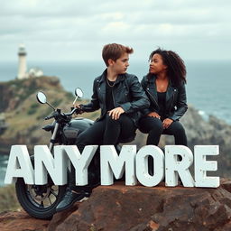 A teenage biker with short hair, wearing a leather jacket, black pants, with a neck tattoo, sitting on a custom motorcycle on a cliff