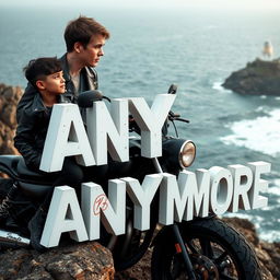 A teenage biker with short hair, wearing a leather jacket, black pants, with a neck tattoo, sitting on a custom motorcycle on a cliff