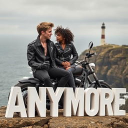 A teenage biker with short hair, wearing a leather jacket, black pants, with a neck tattoo, sitting on a custom motorcycle on a cliff