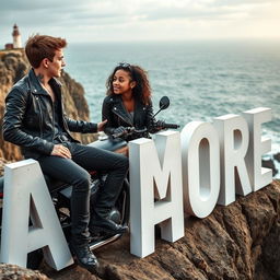 A teenage biker with short hair, wearing a leather jacket, black pants, with a neck tattoo, sitting on a custom motorcycle on a cliff