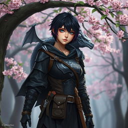 A Dungeons & Dragons female hexblood standing confidently at the edge of a sakura forest