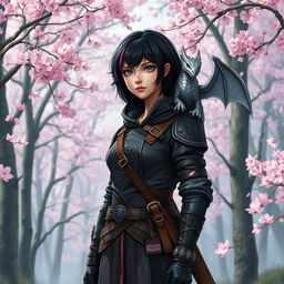 A Dungeons & Dragons female hexblood standing confidently at the edge of a sakura forest