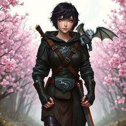 A Dungeons & Dragons female hexblood standing confidently at the edge of a sakura forest