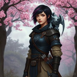 A Dungeons & Dragons female hexblood standing confidently at the edge of a sakura forest