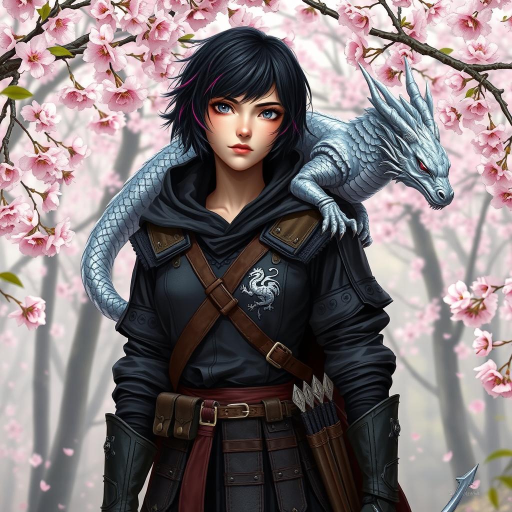 A Dungeons & Dragons female hexblood with short black hair and orchid highlights, silver eyes, and pale rose skin