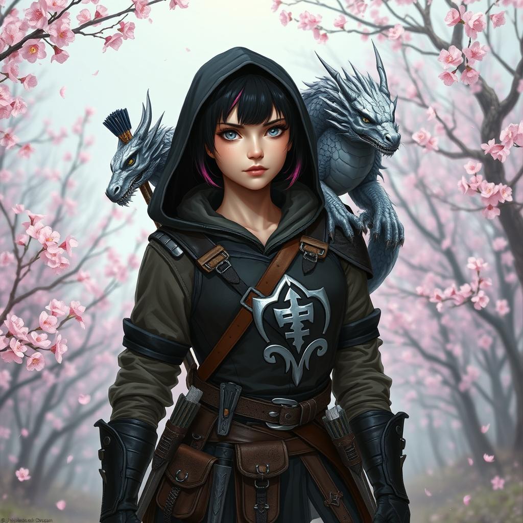 A Dungeons & Dragons female hexblood with short black hair and orchid highlights, silver eyes, and pale rose skin