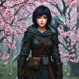 A Dungeons & Dragons female hexblood with short black hair and orchid highlights, silver eyes, and pale rose skin