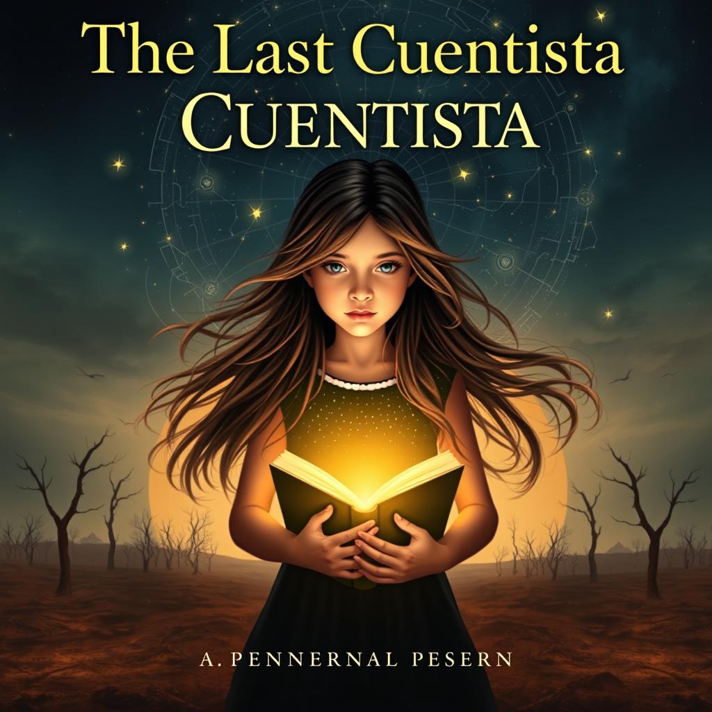 A book cover design for "The Last Cuentista" featuring a young girl with long flowing hair in the center, surrounded by swirling stars and constellations that represent the ancestral stories