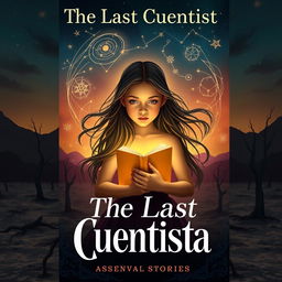 A book cover design for "The Last Cuentista" featuring a young girl with long flowing hair in the center, surrounded by swirling stars and constellations that represent the ancestral stories