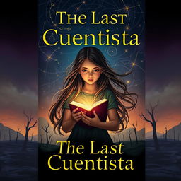 A book cover design for "The Last Cuentista" featuring a young girl with long flowing hair in the center, surrounded by swirling stars and constellations that represent the ancestral stories