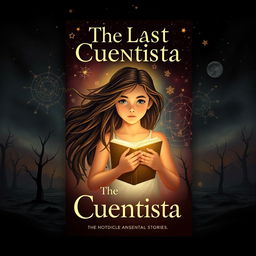 A book cover design for "The Last Cuentista" featuring a young girl with long flowing hair in the center, surrounded by swirling stars and constellations that represent the ancestral stories