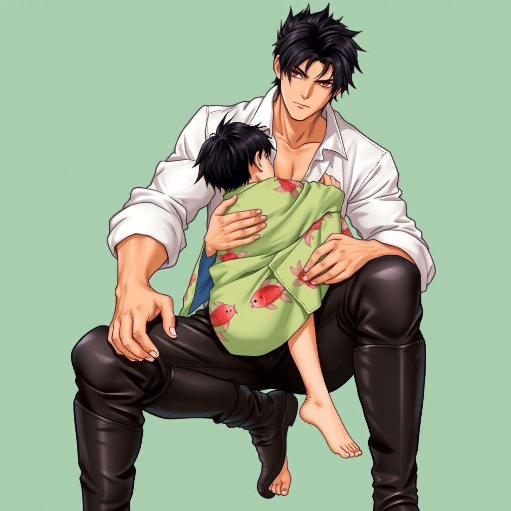 Book cover illustration featuring a strong, tall, and handsome Japanese boy with jet-black hair and brown eyes, wearing leather pants, a white shirt with sleeves rolled up to his elbows, and high boots