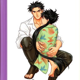 Book cover illustration featuring a strong, tall, and handsome Japanese boy with jet-black hair and brown eyes, wearing leather pants, a white shirt with sleeves rolled up to his elbows, and high boots