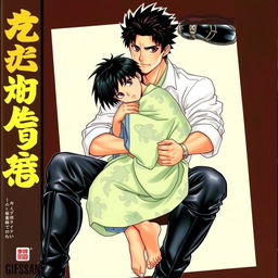 Book cover illustration featuring a strong, tall, and handsome Japanese boy with jet-black hair and brown eyes, wearing leather pants, a white shirt with sleeves rolled up to his elbows, and high boots