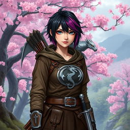 A female hexblood character from Dungeons & Dragons, featuring short black hair with orchid highlights