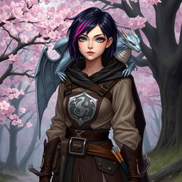 A female hexblood character from Dungeons & Dragons, featuring short black hair with orchid highlights