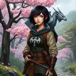 A female hexblood character from Dungeons & Dragons, featuring short black hair with orchid highlights