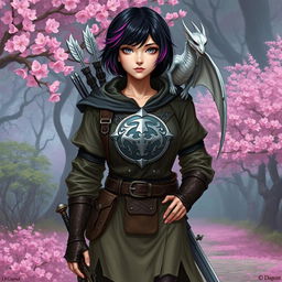 A female hexblood character from Dungeons & Dragons, featuring short black hair with orchid highlights