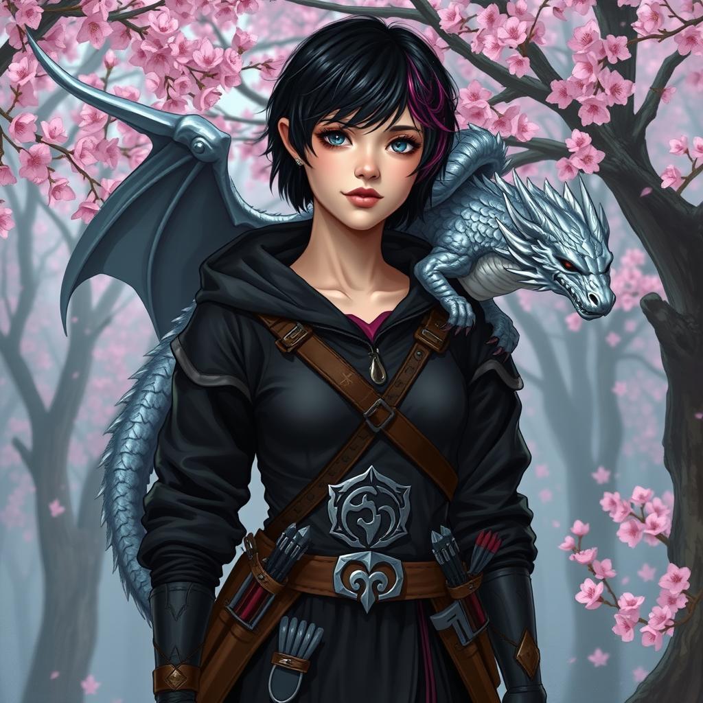 A Dungeons & Dragons female hexblood with short black hair featuring orchid highlights, possessing silver eyes and pale rose colored skin