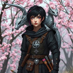 A Dungeons & Dragons female hexblood with short black hair featuring orchid highlights, possessing silver eyes and pale rose colored skin