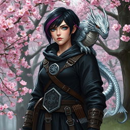 A Dungeons & Dragons female hexblood with short black hair featuring orchid highlights, possessing silver eyes and pale rose colored skin