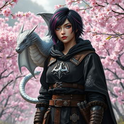 A Dungeons & Dragons female hexblood with short black hair featuring orchid highlights, possessing silver eyes and pale rose colored skin