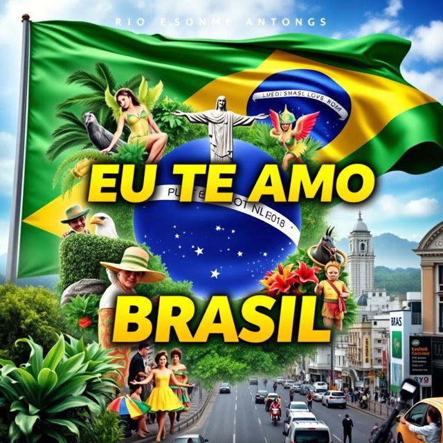 An inspiring and patriotic album cover themed around the song 'Eu Te Amo Meu Brasil'