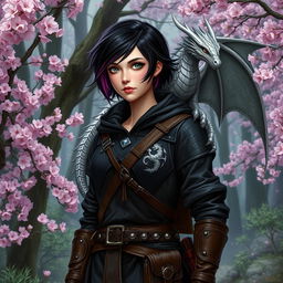 A Dungeons & Dragons female hexblood ranger stands confidently at the edge of a sakura forest