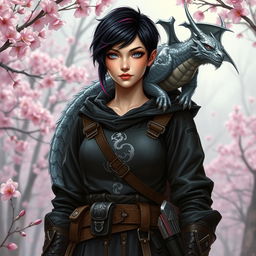 A Dungeons & Dragons female hexblood ranger stands confidently at the edge of a sakura forest